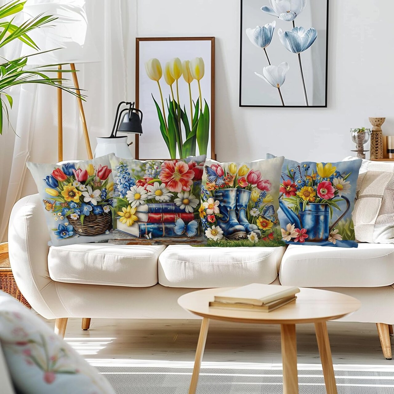 Spring Pillow Covers 18x18 Inch Set of 4 Blue Shoes Floral Butterfly Decorative Throw Pillow Covers Seasonal Holiday Cushion Case Farmhouse Home Sofa Living Room Decorations